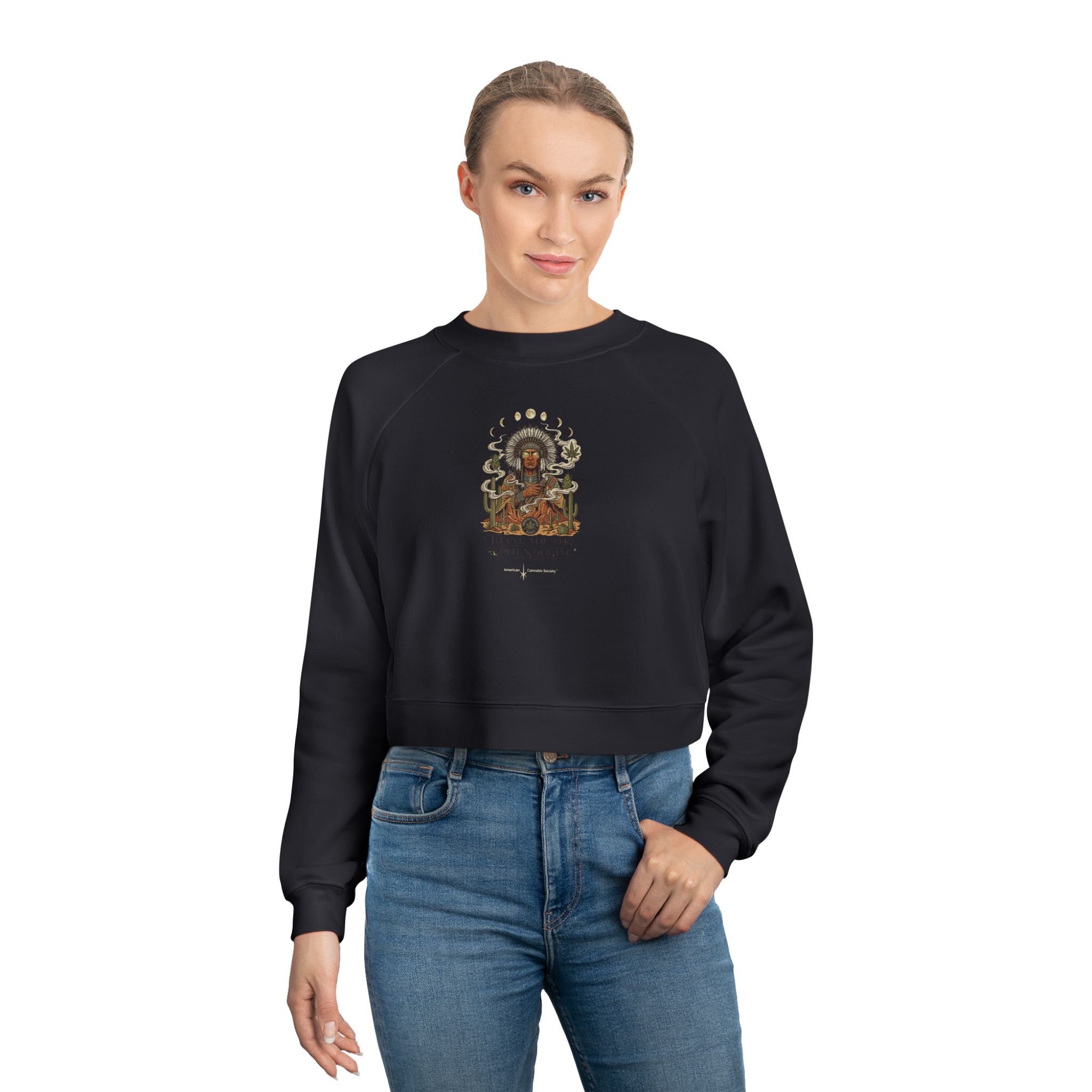 Thank You For Pot Smoking® Desert Chief Women's Cropped Fleece Pullover – Dark Grey – view 3