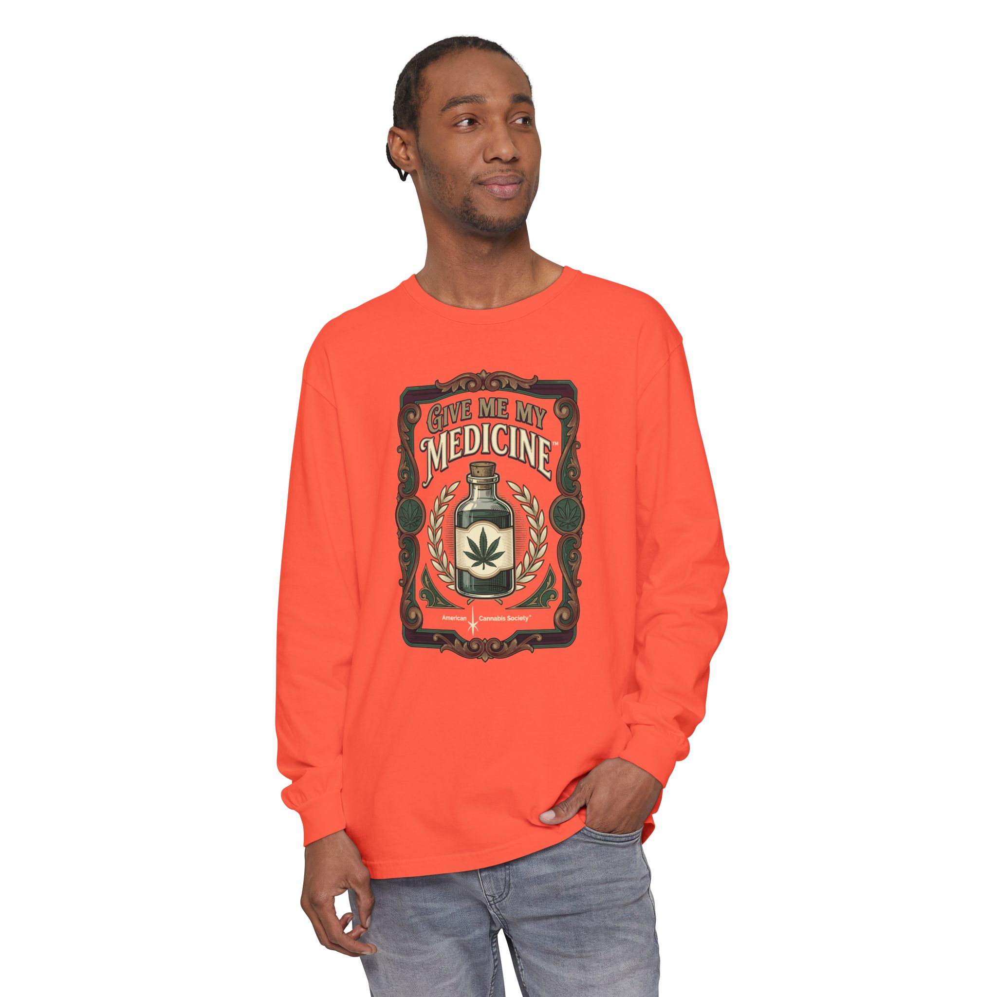 Give Me My Medicine™ Unisex Garment-Dyed Long Sleeve Tee – Bright Salmon – view 3