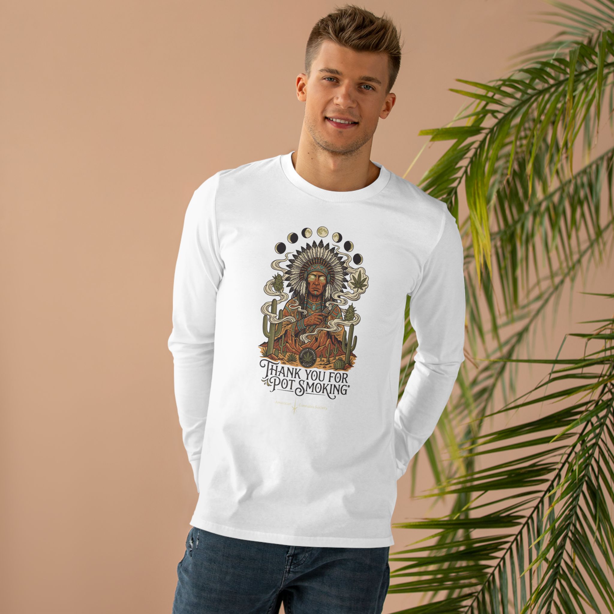 Thank You For Pot Smoking® Desert Chief Men's Relaxed Long Sleeve Tee – White – view 3