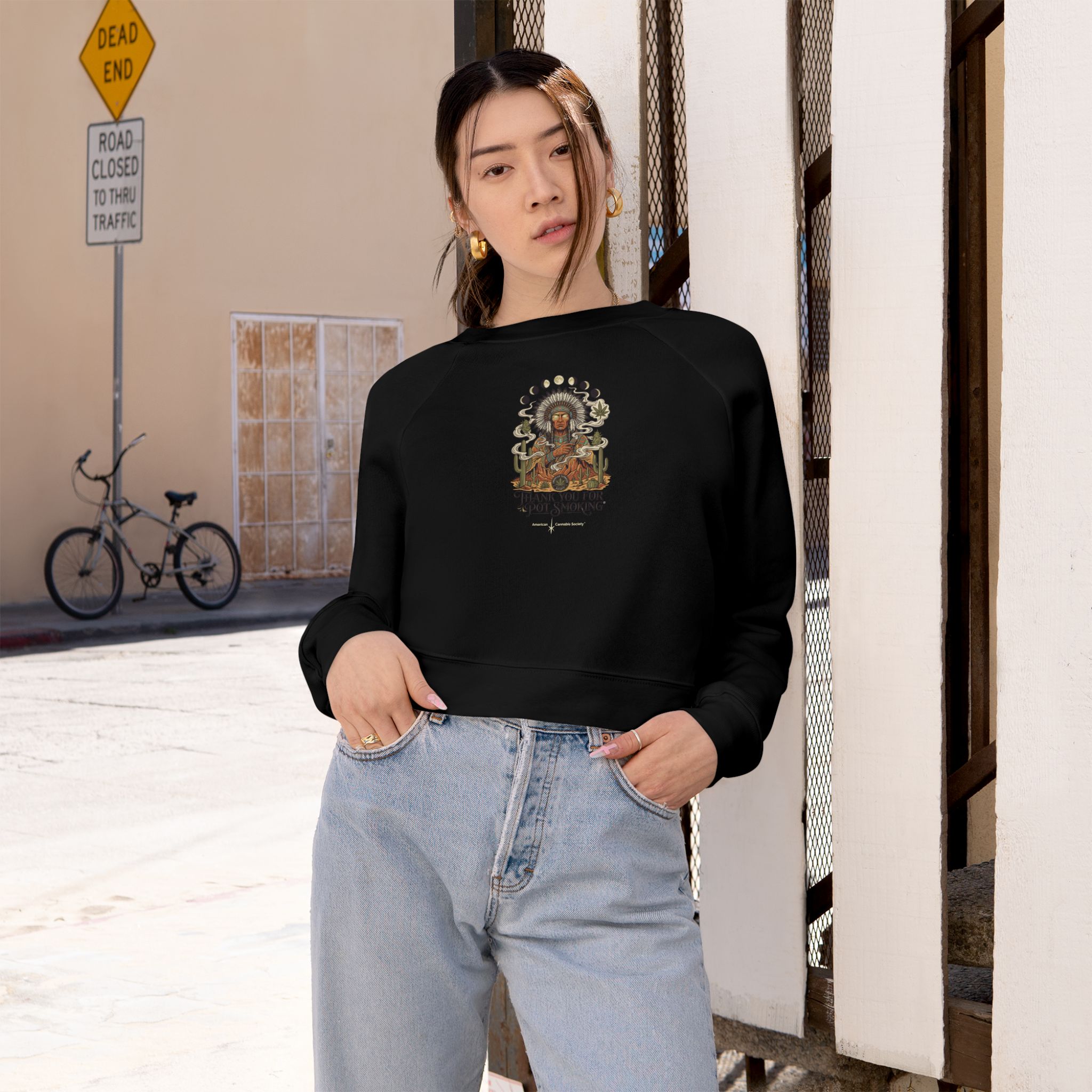 Thank You For Pot Smoking® Desert Chief Women's Cropped Fleece Pullover – Black – view 4