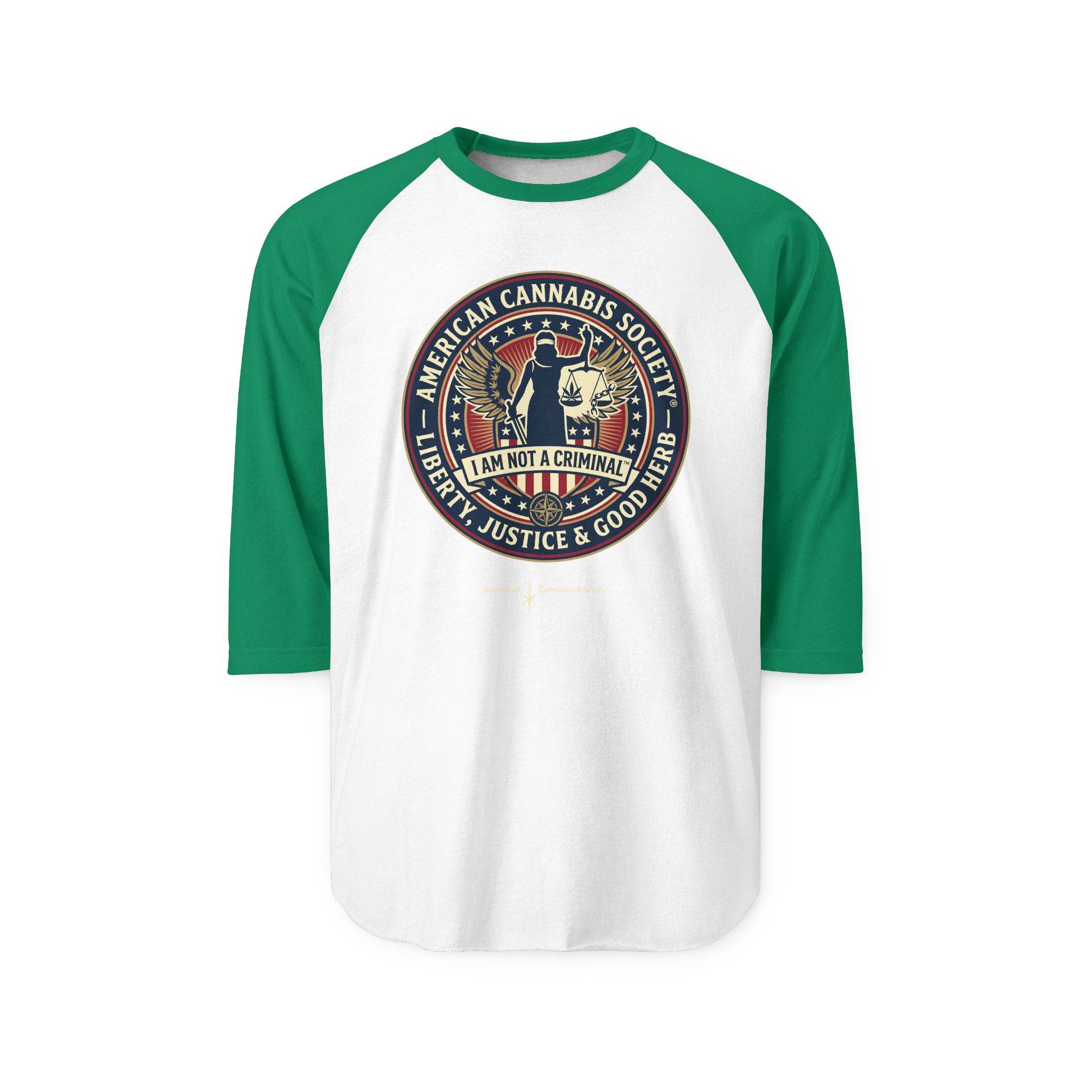 I Am Not A Criminal™ Liberty Seal Raglan Shirt — American Cannabis Society® 3/4 Sleeve Baseball Tee - Image 5