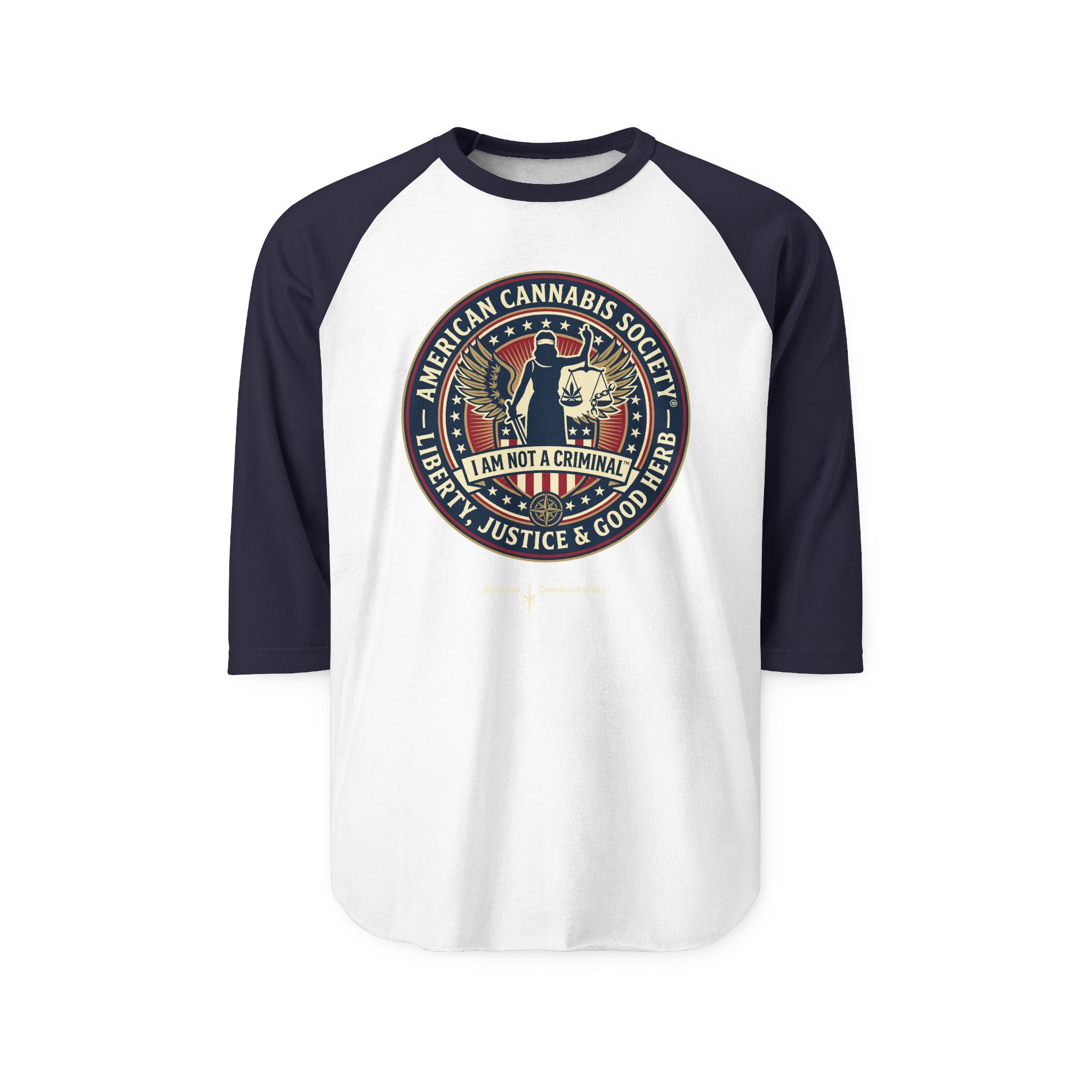 I Am Not A Criminal™ Liberty Seal Raglan Shirt — American Cannabis Society® 3/4 Sleeve Baseball Tee - Image 4