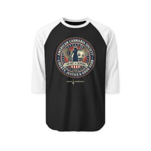 I Am Not A Criminal™ Liberty Seal Raglan Shirt — American Cannabis Society® 3/4 Sleeve Baseball Tee
