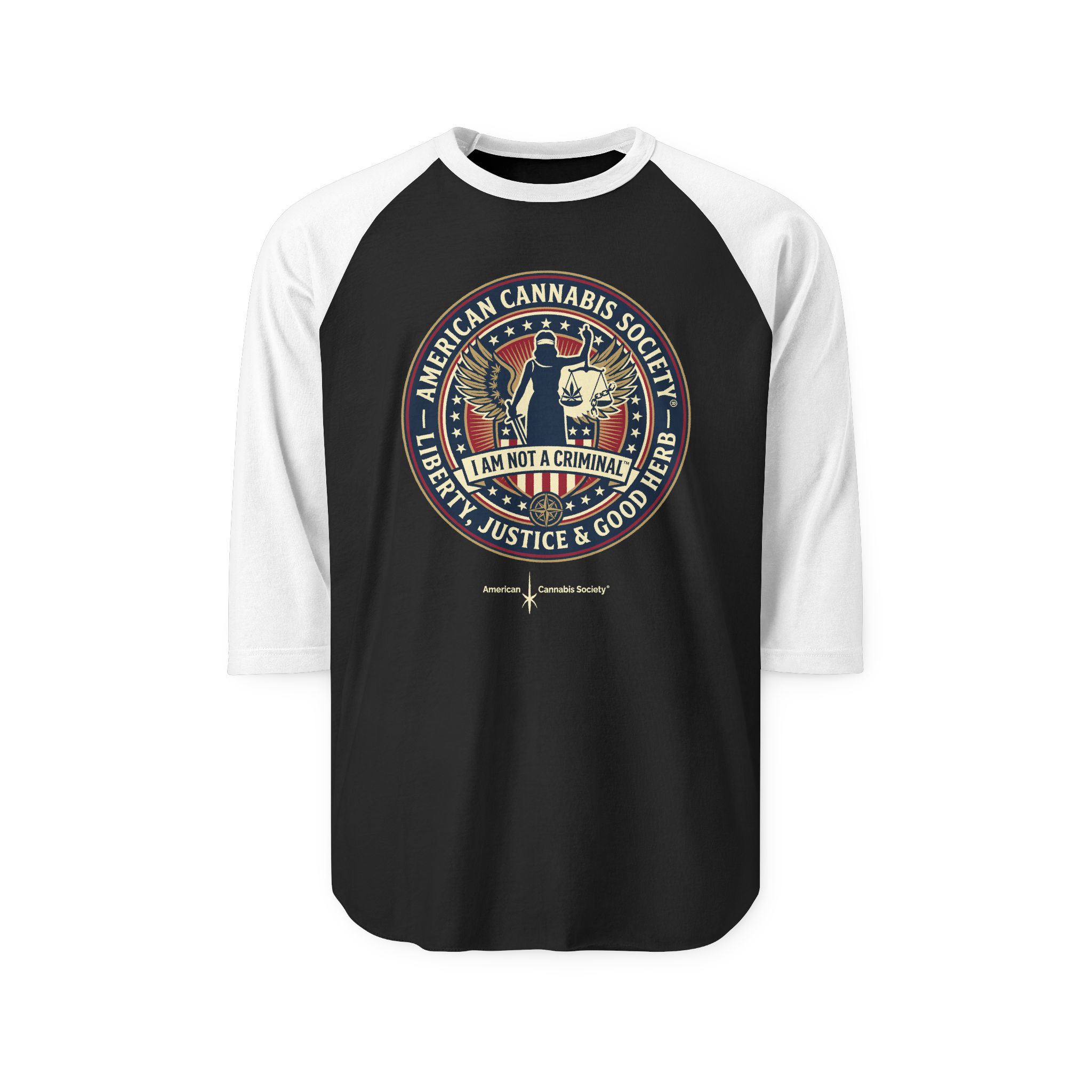 I Am Not A Criminal™ Liberty Seal Raglan Shirt — American Cannabis Society® 3/4 Sleeve Baseball Tee