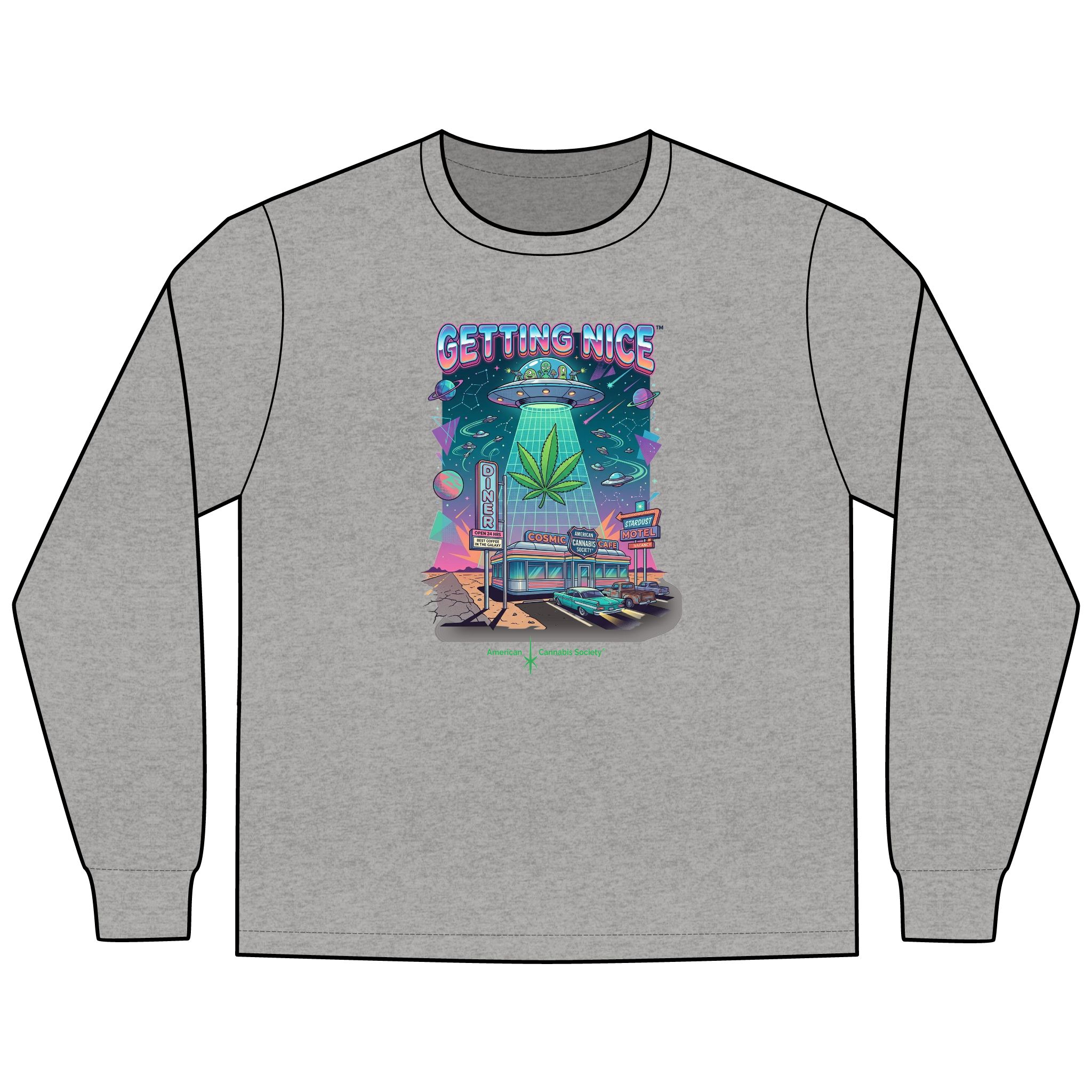 Getting Nice™ Cosmic Diner Long Sleeve T-Shirt — American Cannabis Society® Retro UFO Tee - Image 5