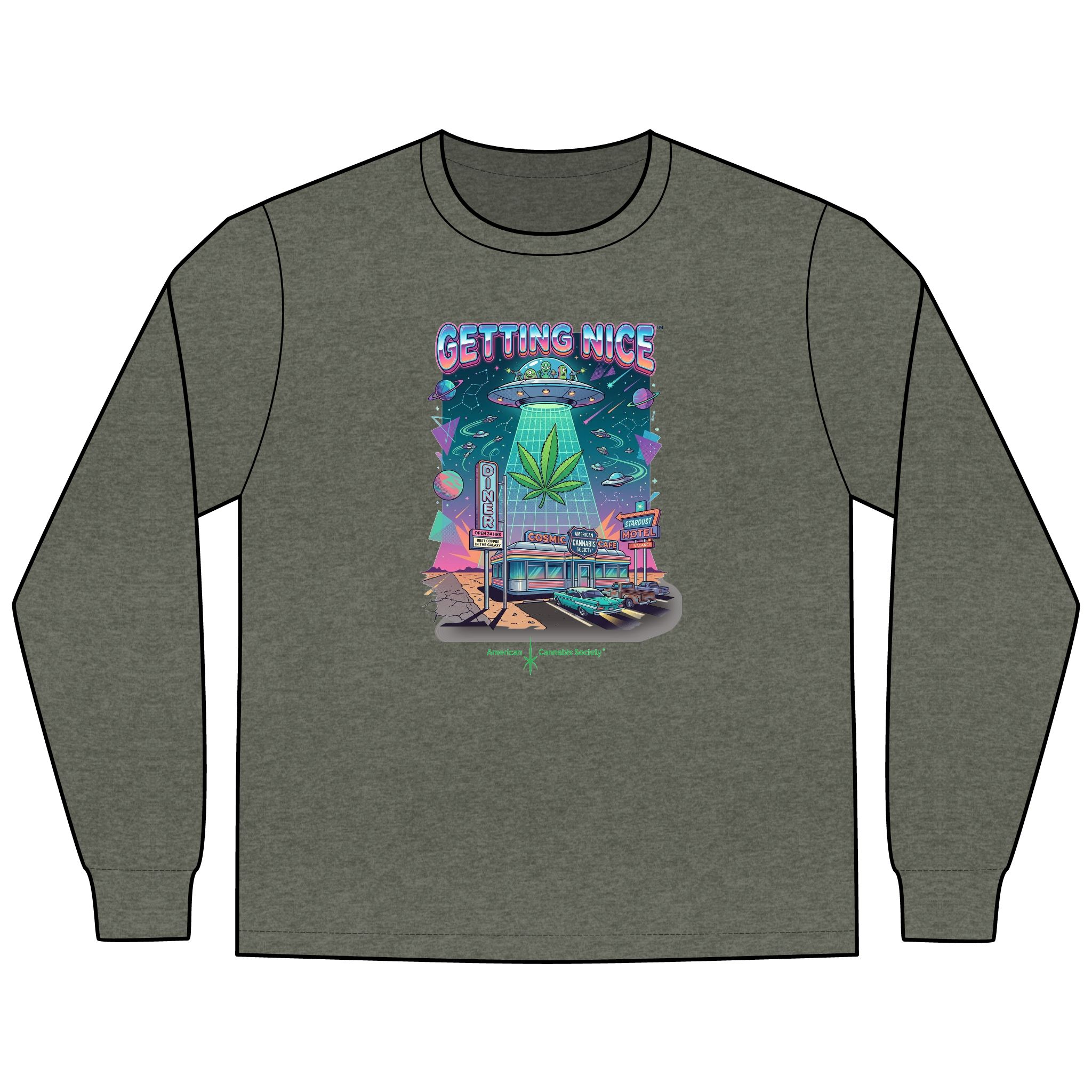 Getting Nice™ Cosmic Diner Long Sleeve T-Shirt — American Cannabis Society® Retro UFO Tee - Image 7