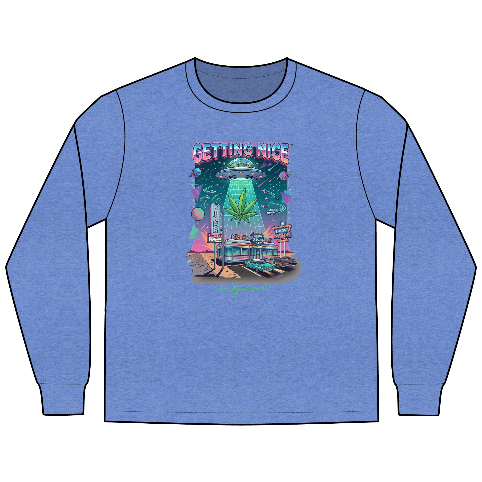 Getting Nice™ Cosmic Diner Long Sleeve T-Shirt — American Cannabis Society® Retro UFO Tee - Image 6