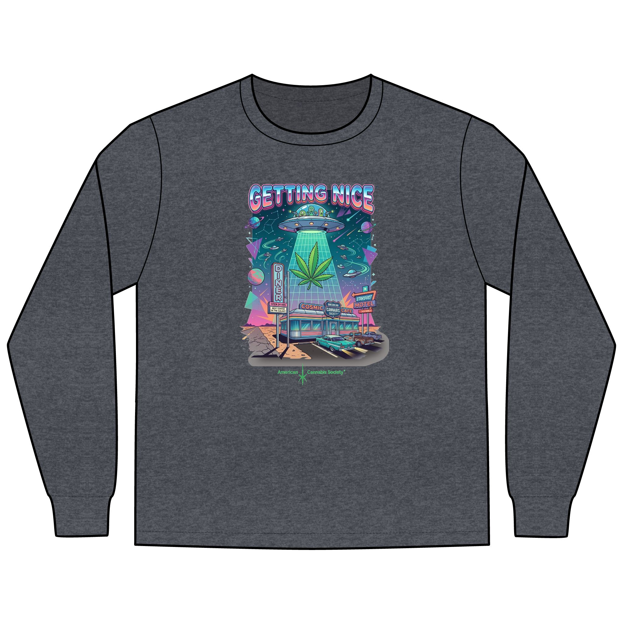 Getting Nice™ Cosmic Diner Long Sleeve T-Shirt — American Cannabis Society® Retro UFO Tee - Image 8