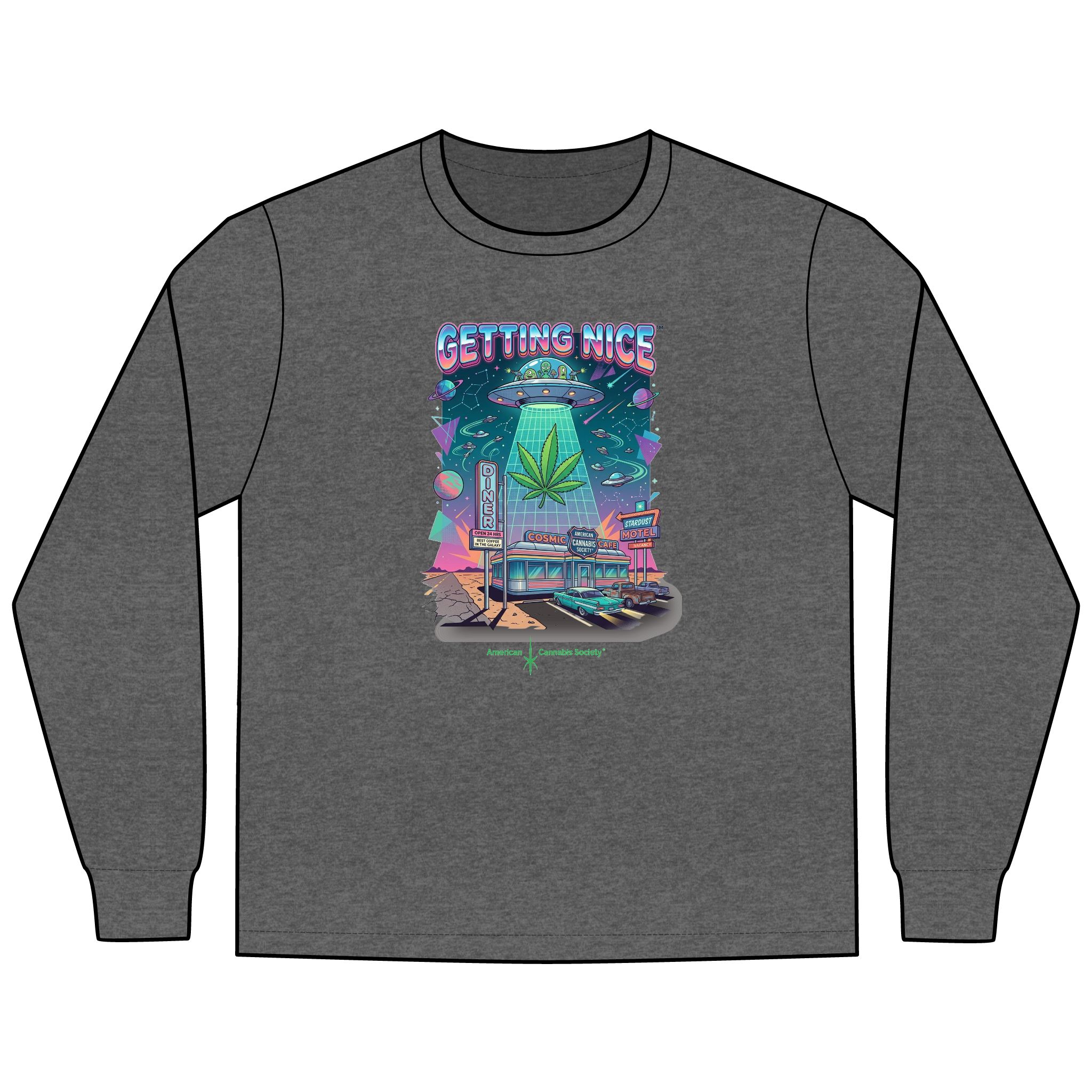 Getting Nice™ Cosmic Diner Long Sleeve T-Shirt — American Cannabis Society® Retro UFO Tee - Image 3