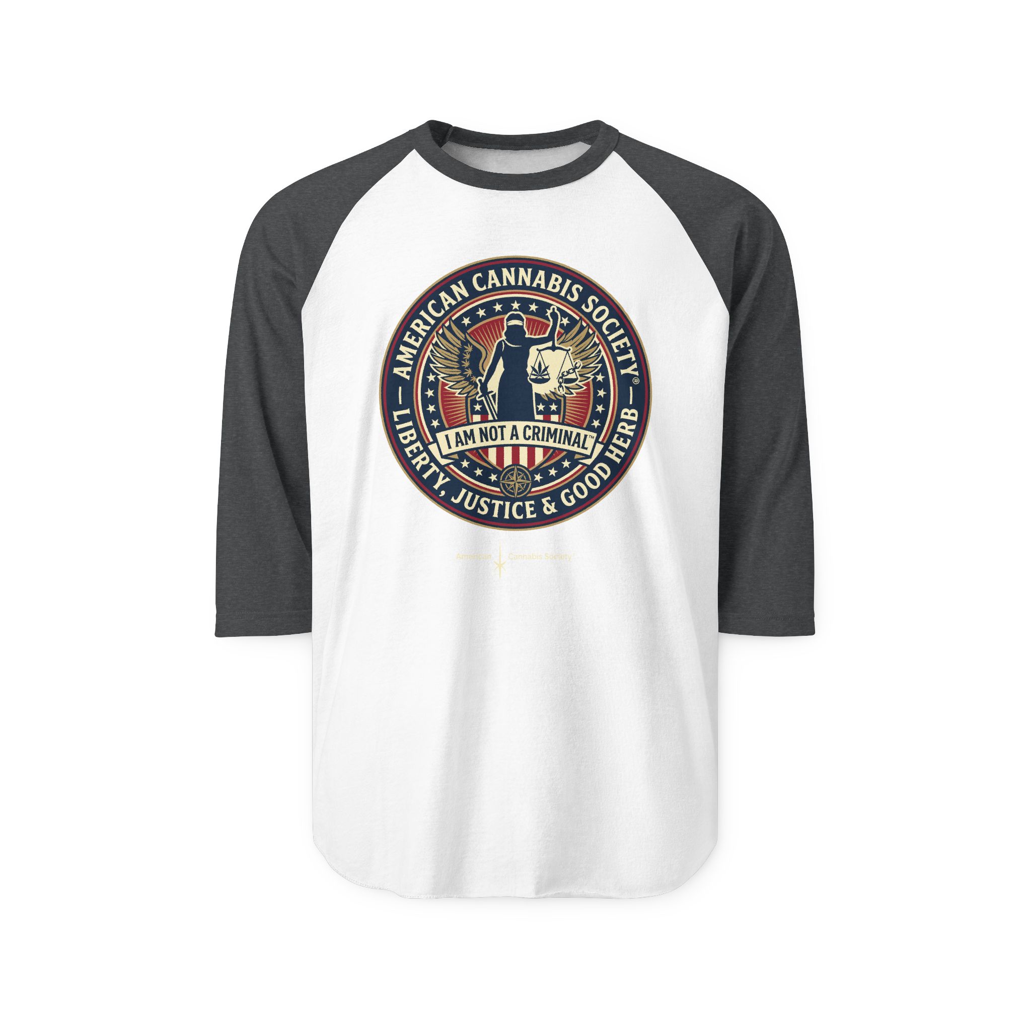 I Am Not A Criminal™ Liberty Seal Raglan Shirt — American Cannabis Society® 3/4 Sleeve Baseball Tee - Image 6