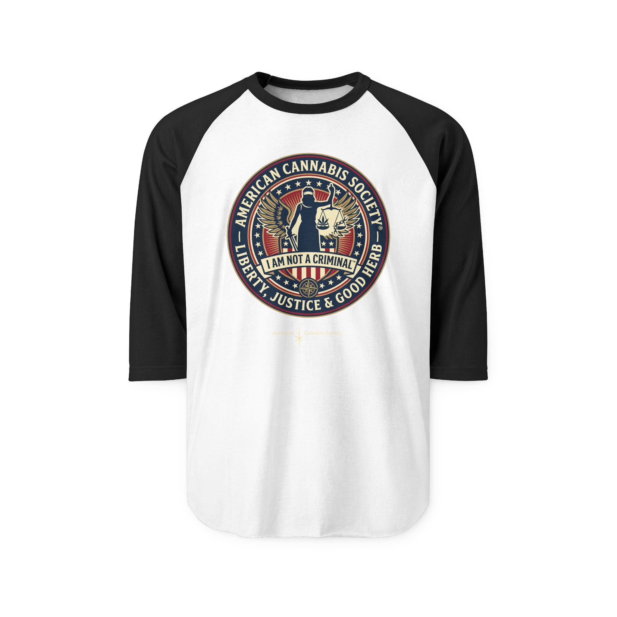 I Am Not A Criminal™ Liberty Seal Raglan Shirt — American Cannabis Society® 3/4 Sleeve Baseball Tee - Image 7