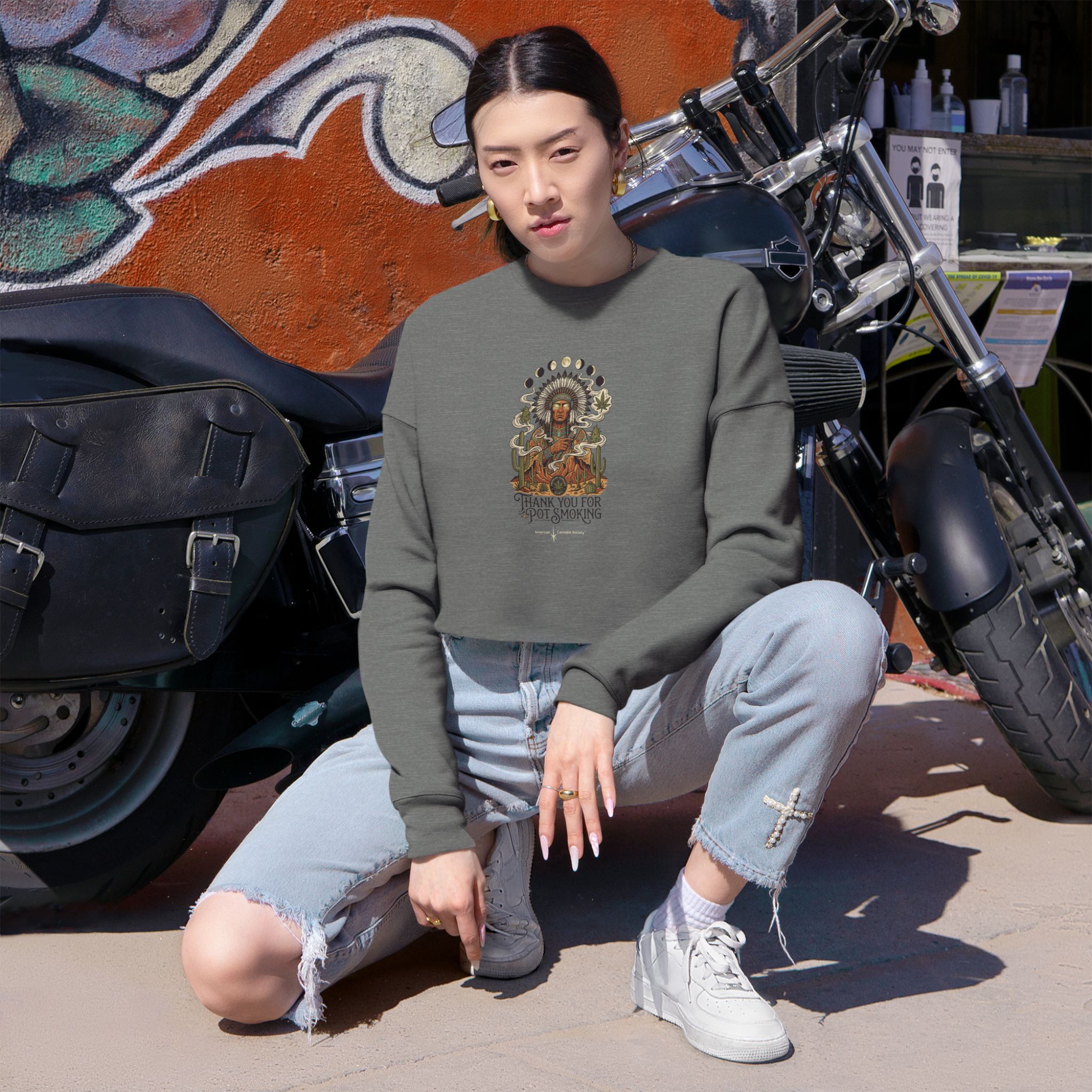 Thank You For Pot Smoking® Desert Chief Women's Cropped Sweatshirt – Deep Heather – view 3
