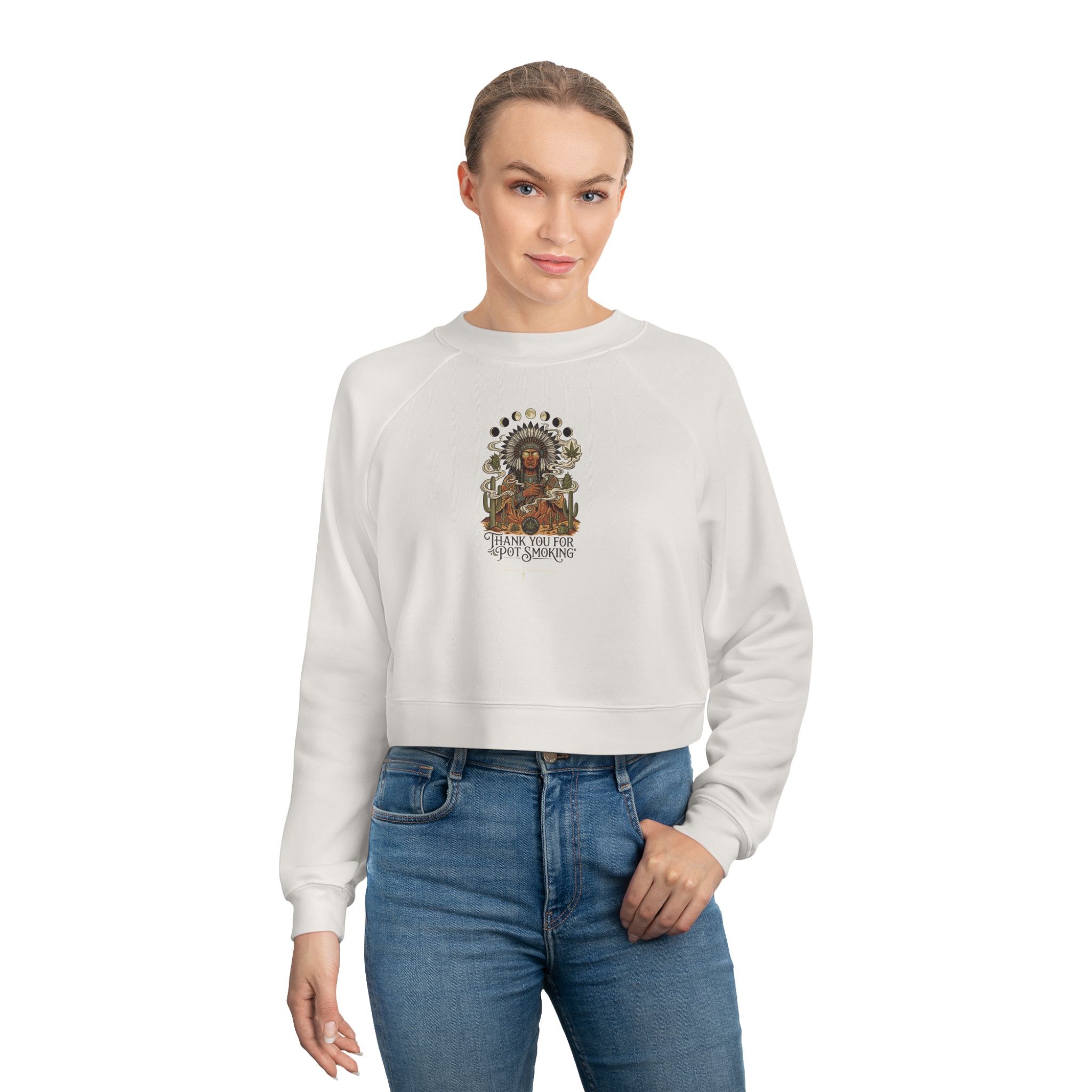 Thank You For Pot Smoking® Desert Chief Women's Cropped Fleece Pullover – Vintage White – view 3