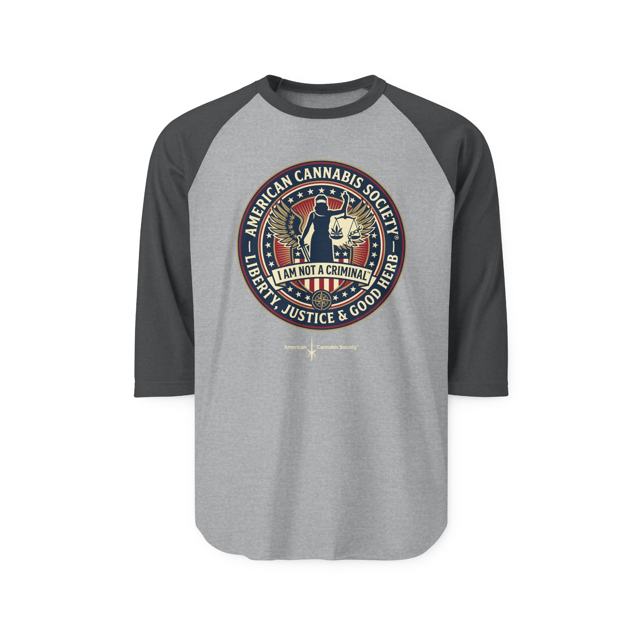 I Am Not A Criminal™ Liberty Seal Raglan Shirt — American Cannabis Society® 3/4 Sleeve Baseball Tee - Image 8