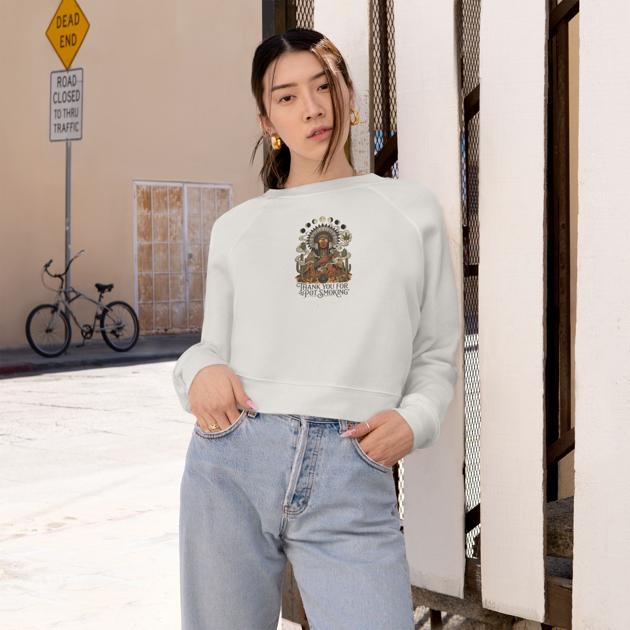 Thank You For Pot Smoking® Desert Chief Women's Cropped Fleece Pullover – Vintage White – view 4