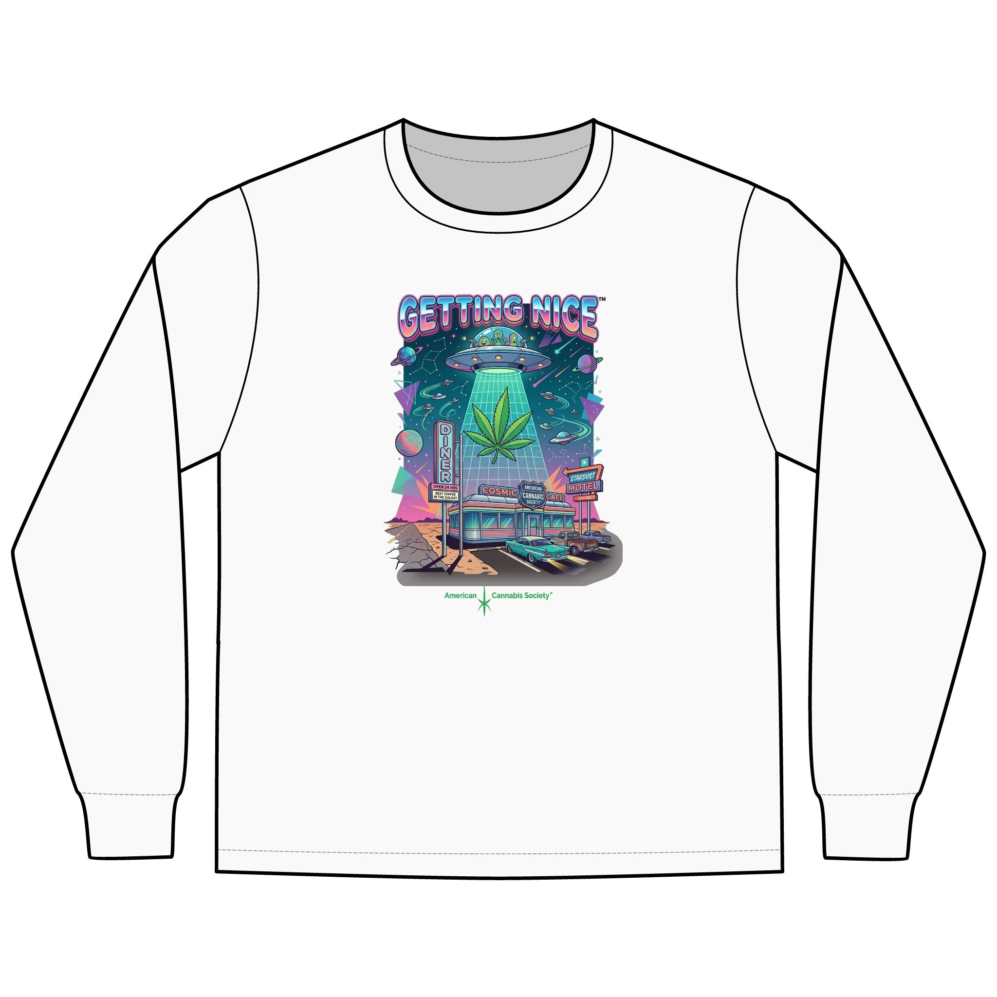 Getting Nice™ Cosmic Diner Long Sleeve T-Shirt — American Cannabis Society® Retro UFO Tee - Image 4