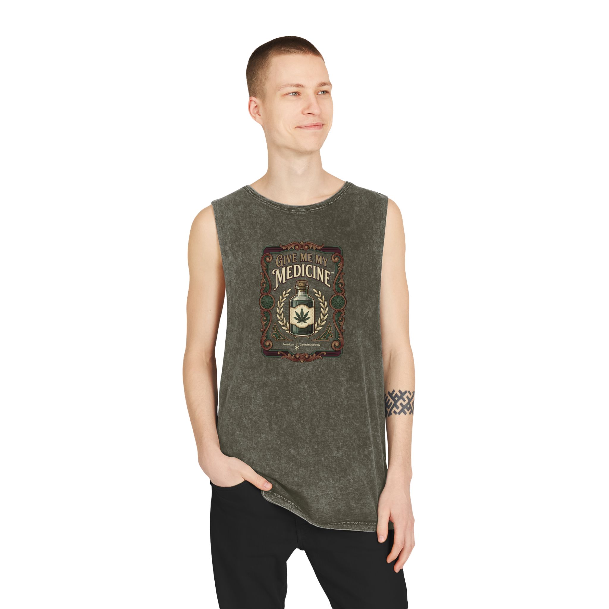 Give Me My Medicine™ Unisex Stonewash Tank Top – Moss Stone – view 3