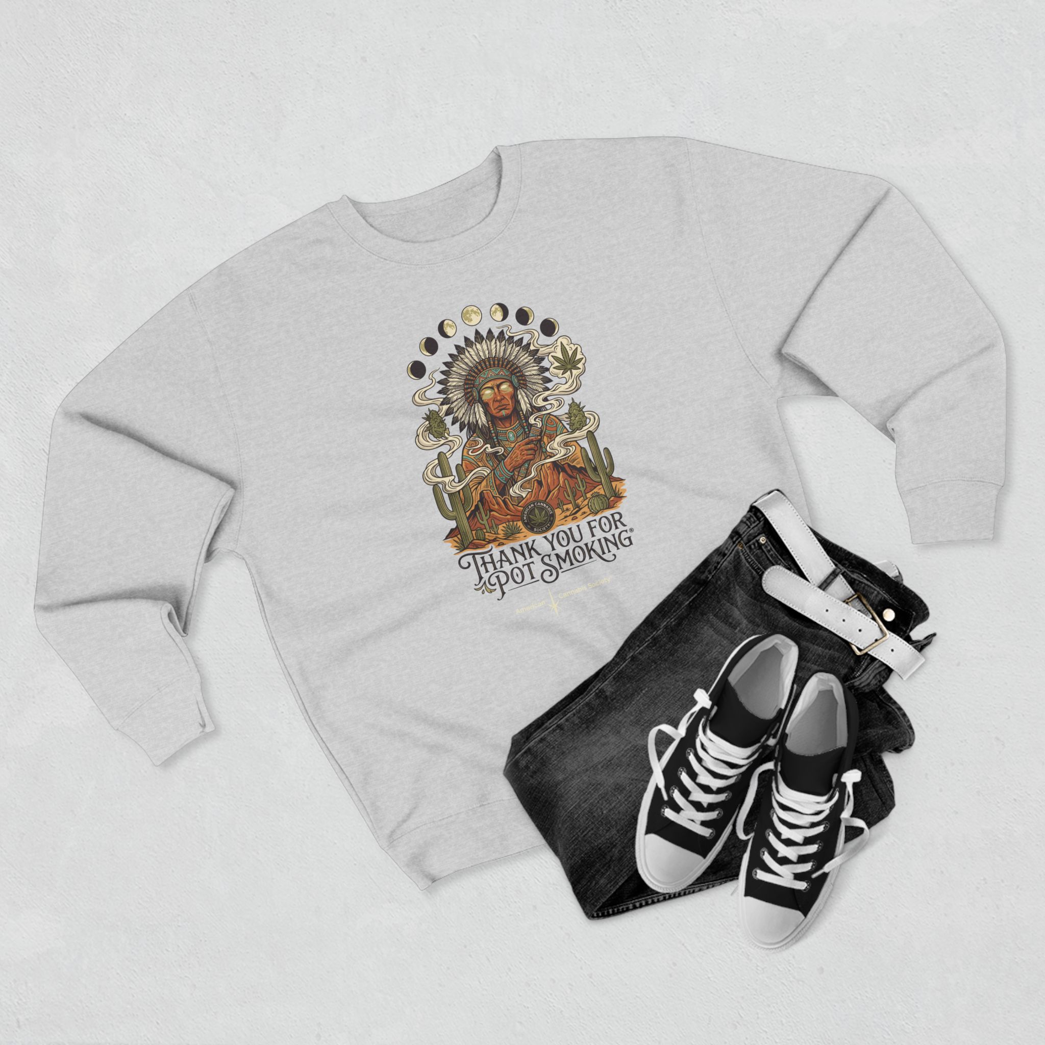 Thank You For Pot Smoking® Desert Chief Unisex Fleece Crewneck – Heather Grey – view 3