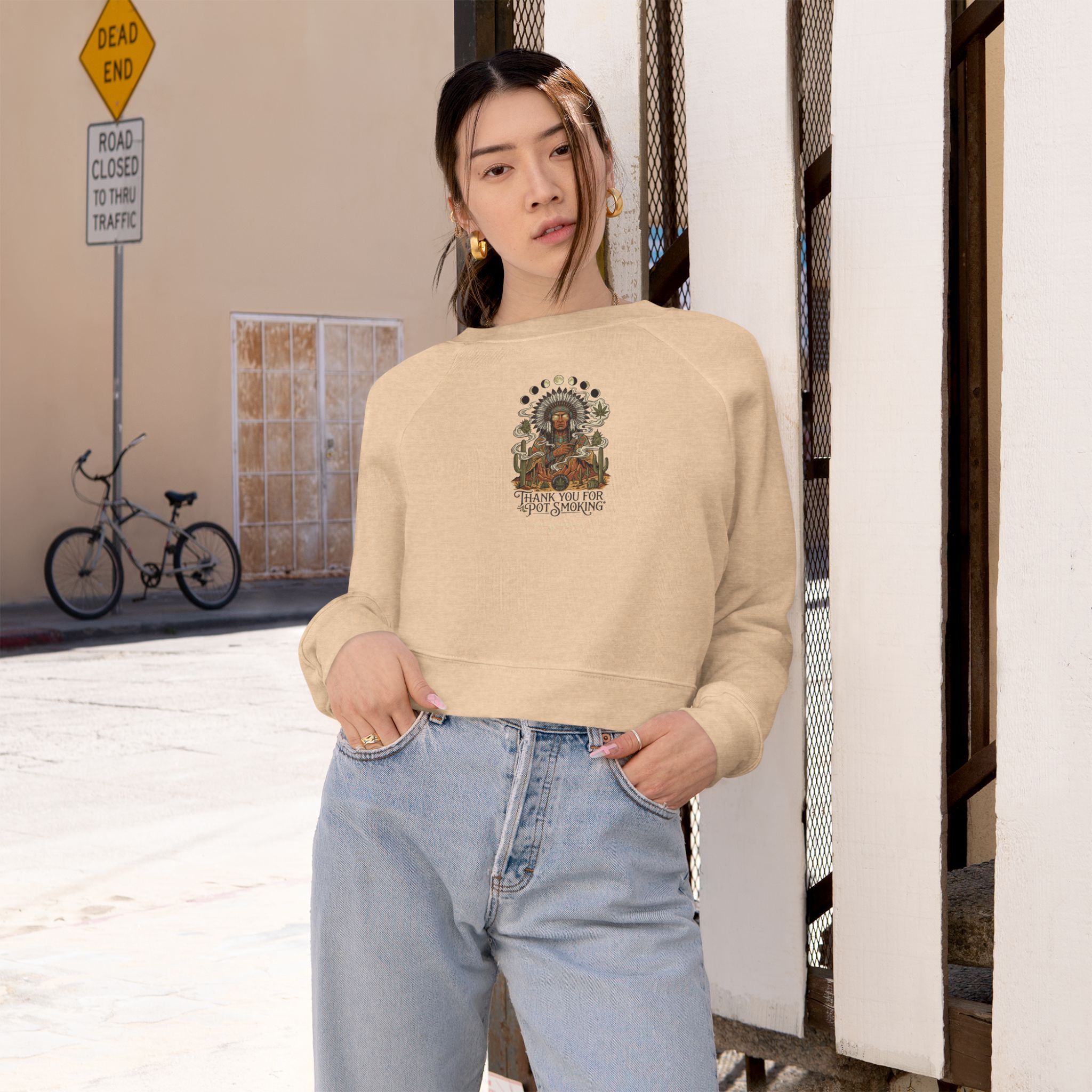 Thank You For Pot Smoking® Desert Chief Women's Cropped Fleece Pullover – Heather Sand Dune – view 4