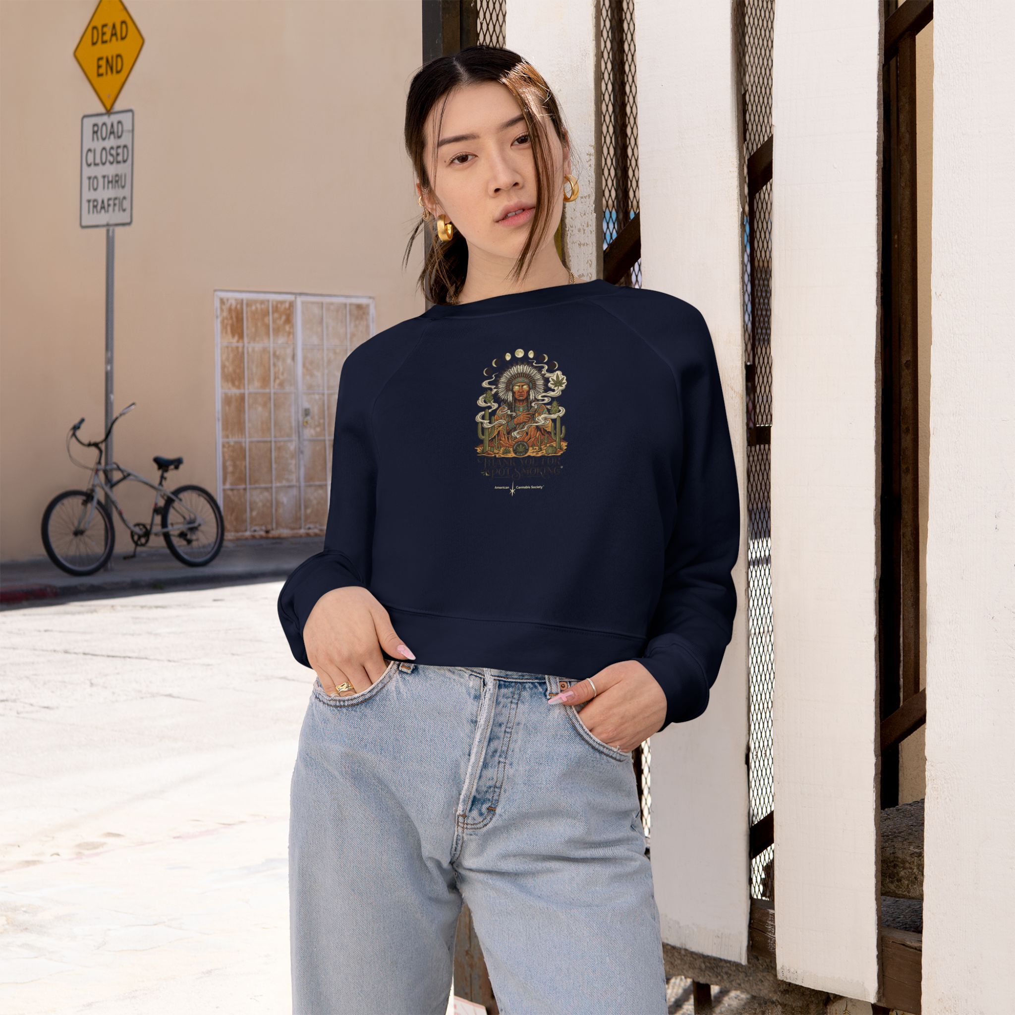 Thank You For Pot Smoking® Desert Chief Women's Cropped Fleece Pullover – Navy – view 4