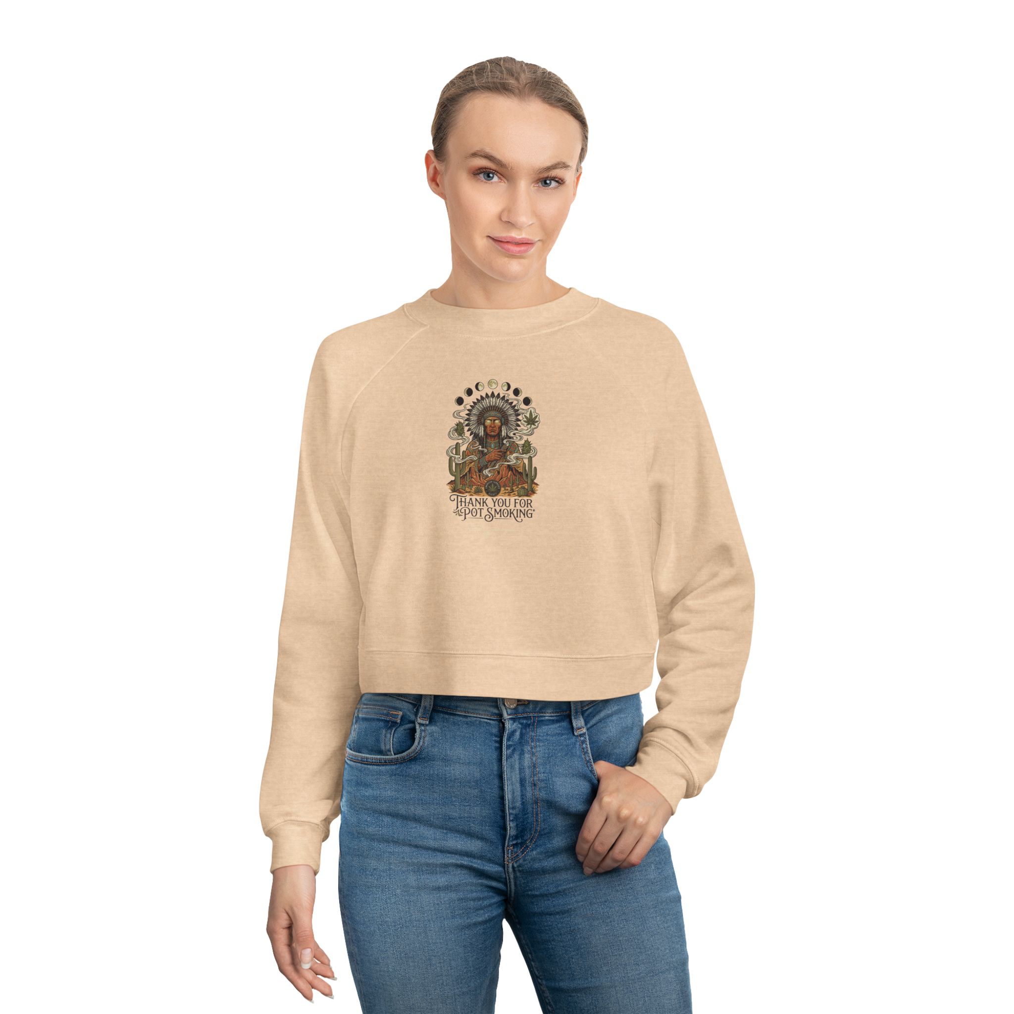 Thank You For Pot Smoking® Desert Chief Women's Cropped Fleece Pullover – Heather Sand Dune – view 3