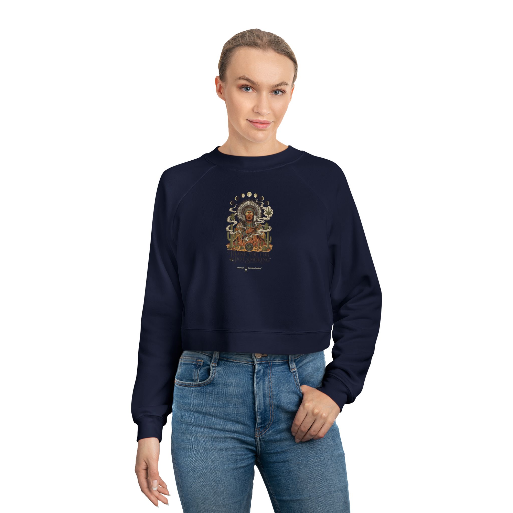 Thank You For Pot Smoking® Desert Chief Women's Cropped Fleece Pullover – Navy – view 3