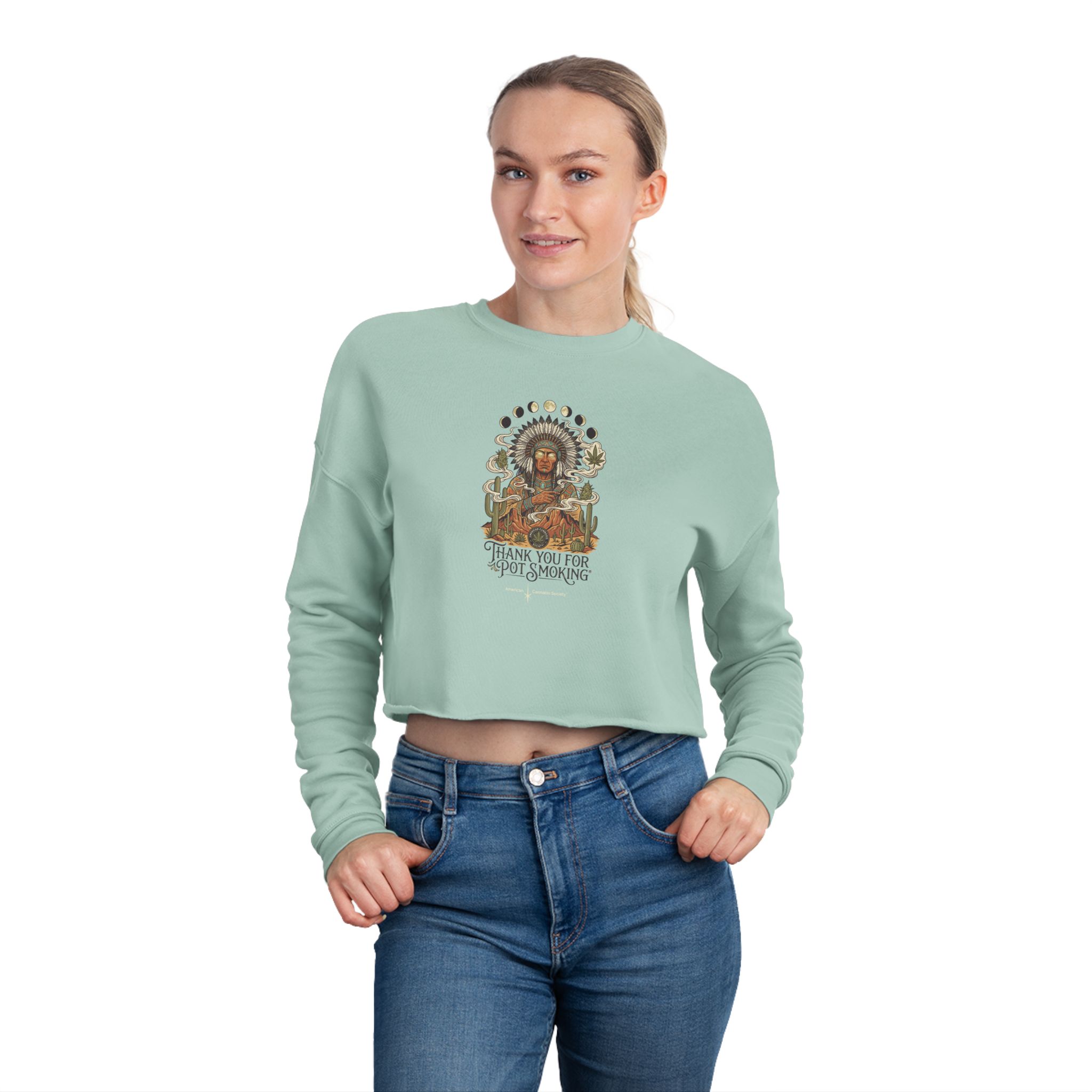 Thank You For Pot Smoking® Desert Chief Women's Cropped Sweatshirt – Dusty Blue – view 4
